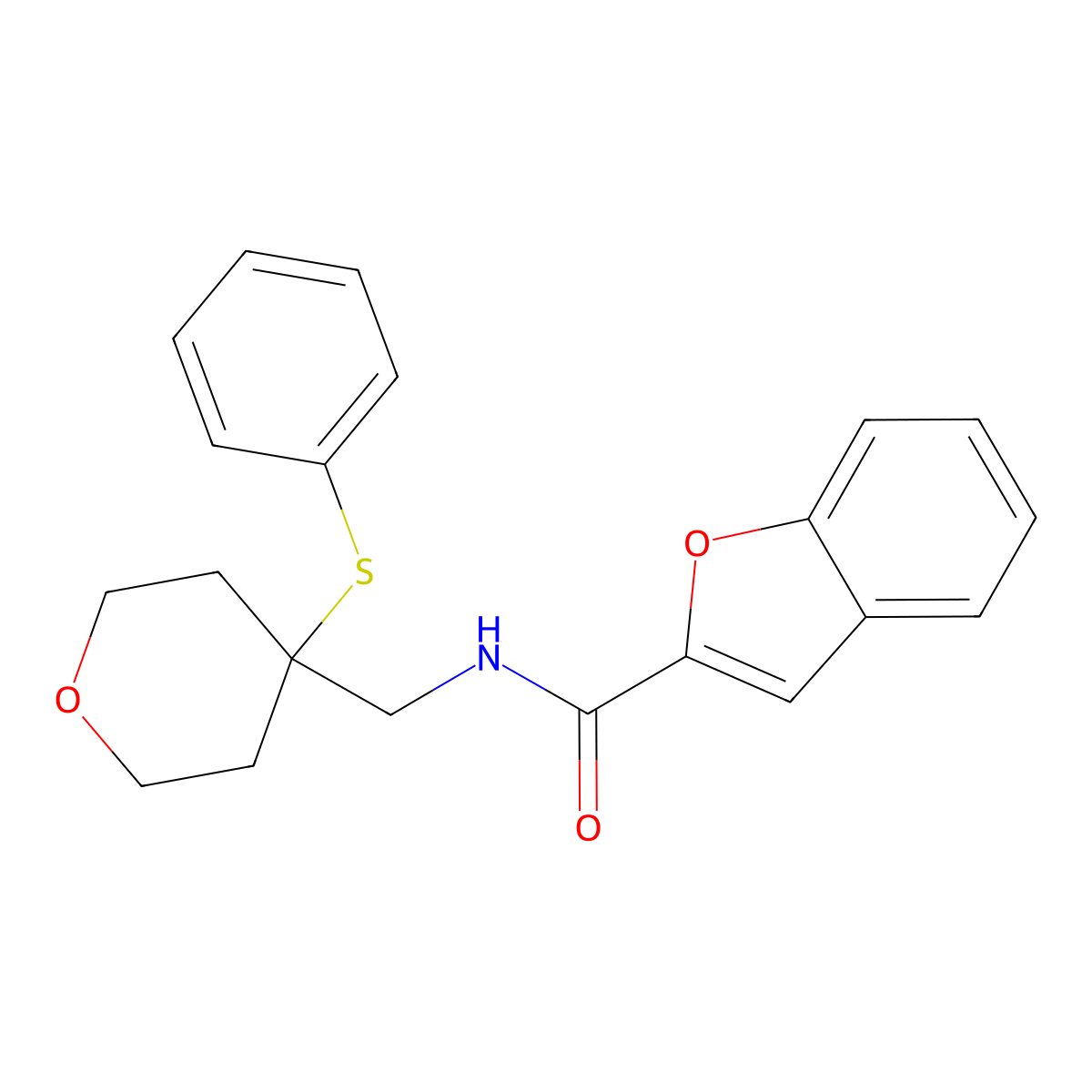 N-((4-(phenylthio)tetrahydro-2H-pyran-4-yl)methyl)benzofuran-2-carboxamide molecular structure, CAS 1797577-36-6