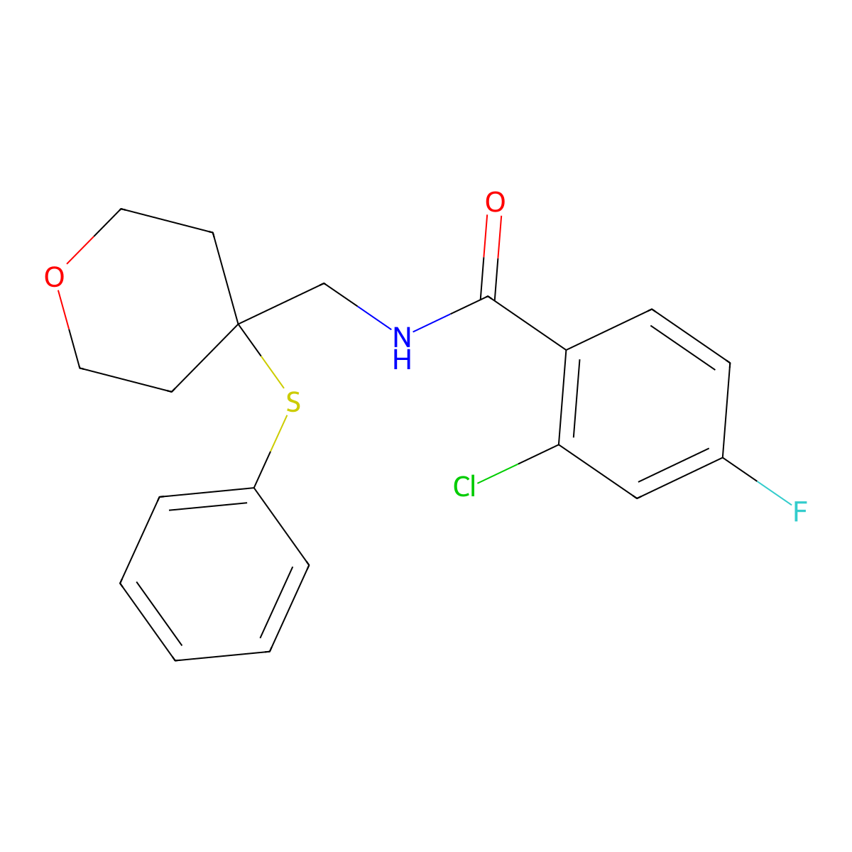 2-chloro-4-fluoro-N-{[4-(phenylsulfanyl)oxan-4-yl]methyl}benzamide molecular structure, CAS 1797577-48-0