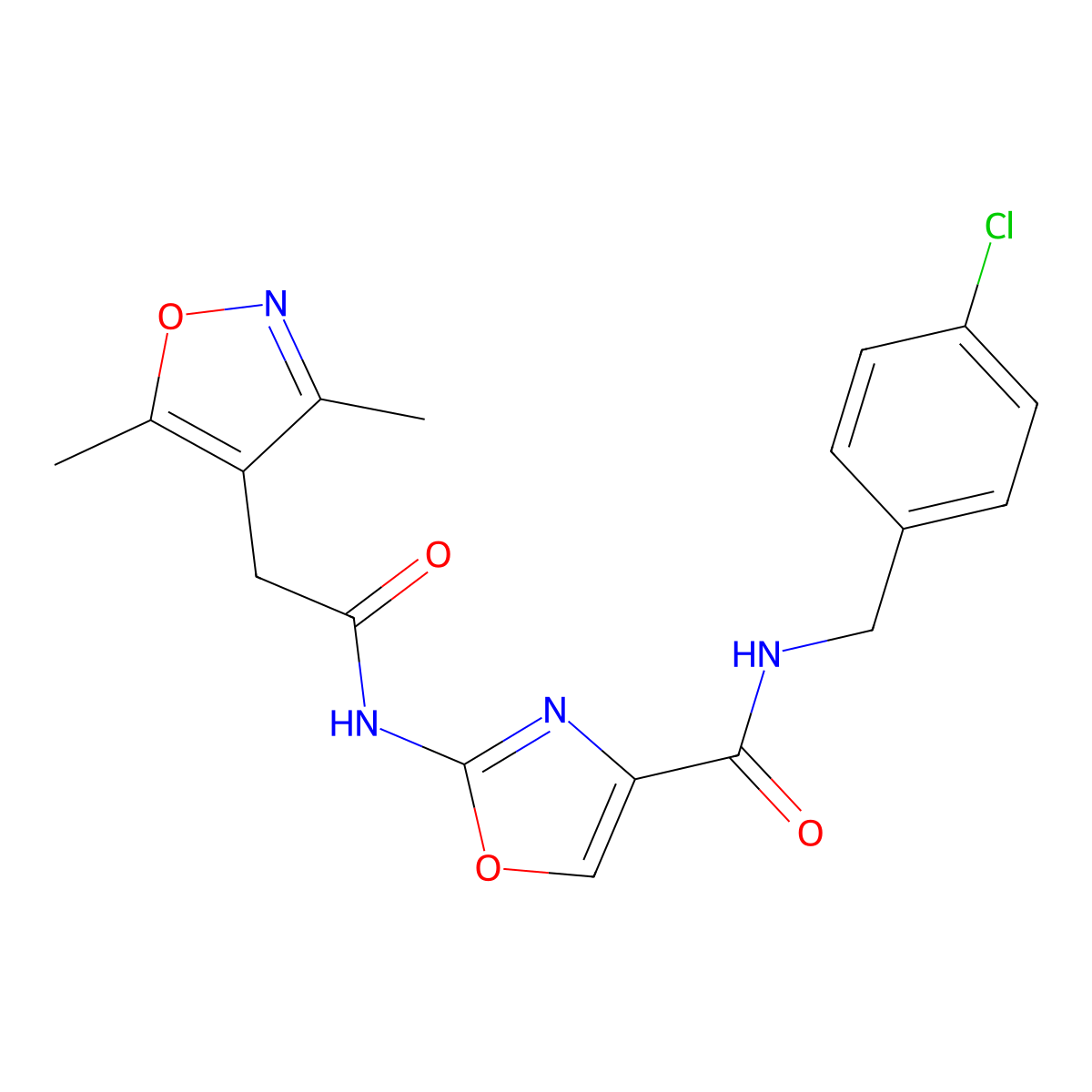 N-(4-chlorobenzyl)-2-(2-(3,5-dimethylisoxazol-4-yl)acetamido)oxazole-4-carboxamide molecular structure, CAS 1797578-62-1