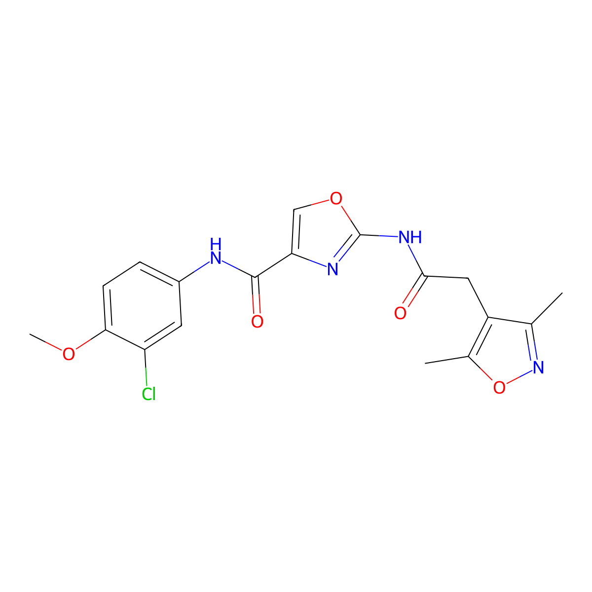 N-(3-chloro-4-methoxyphenyl)-2-(2-(3,5-dimethylisoxazol-4-yl)acetamido)oxazole-4-carboxamide molecular structure, CAS 1797578-67-6