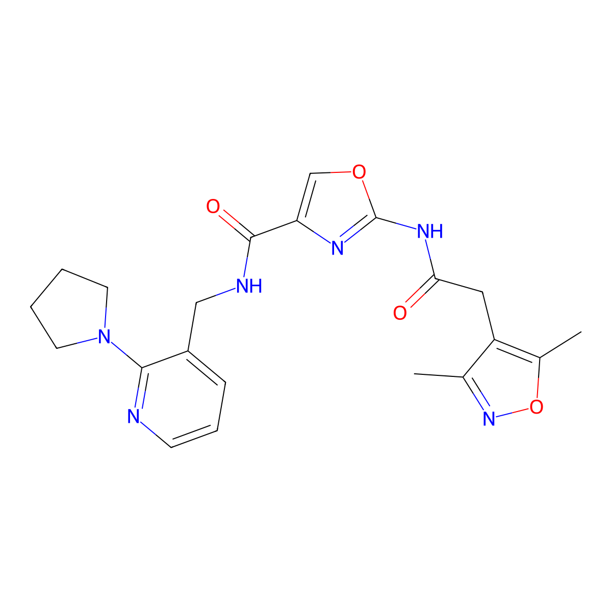 2-(2-(3,5-dimethylisoxazol-4-yl)acetamido)-N-((2-(pyrrolidin-1-yl)pyridin-3-yl)methyl)oxazole-4-carboxamide molecular structure, CAS 1797578-73-4