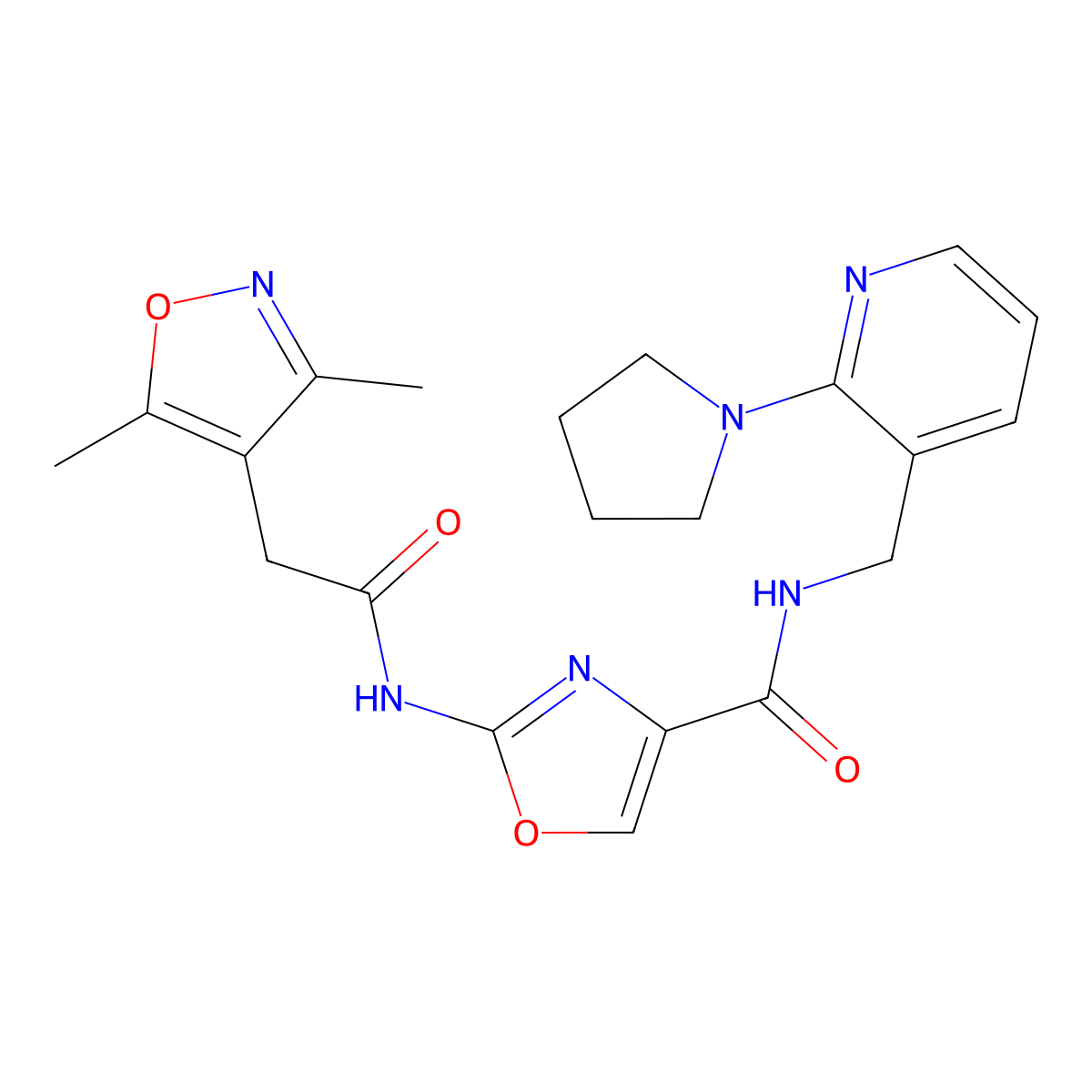 2-(2-(3,5-dimethylisoxazol-4-yl)acetamido)-N-((2-(pyrrolidin-1-yl)pyridin-3-yl)methyl)oxazole-4-carboxamide molecular structure, CAS 1797578-73-4