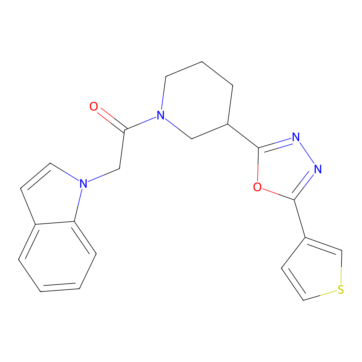 2-(1H-indol-1-yl)-1-(3-(5-(thiophen-3-yl)-1,3,4-oxadiazol-2-yl)piperidin-1-yl)ethanone molecular structure, CAS 1797579-03-3