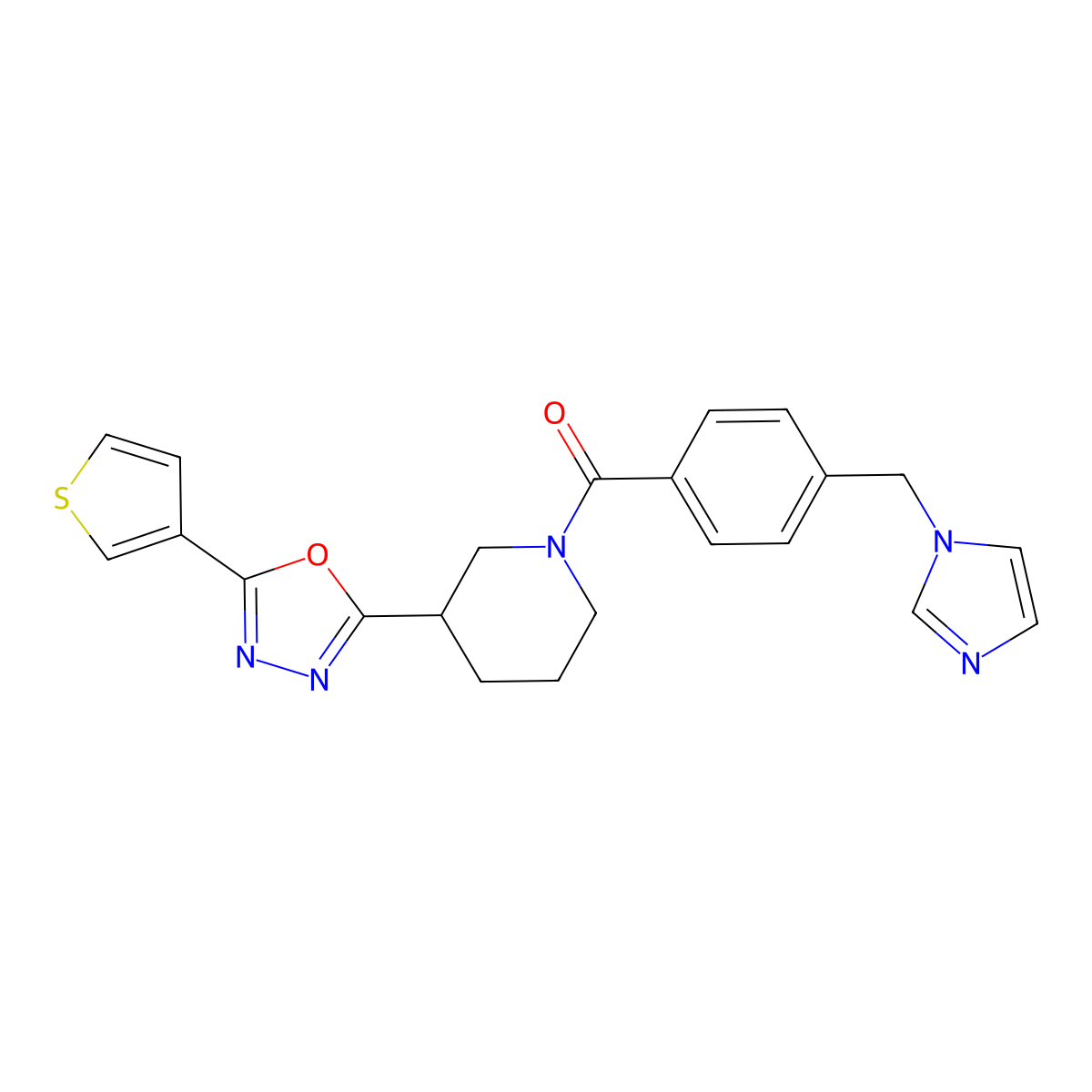 (4-((1H-imidazol-1-yl)methyl)phenyl)(3-(5-(thiophen-3-yl)-1,3,4-oxadiazol-2-yl)piperidin-1-yl)methanone molecular structure, CAS 1797579-24-8