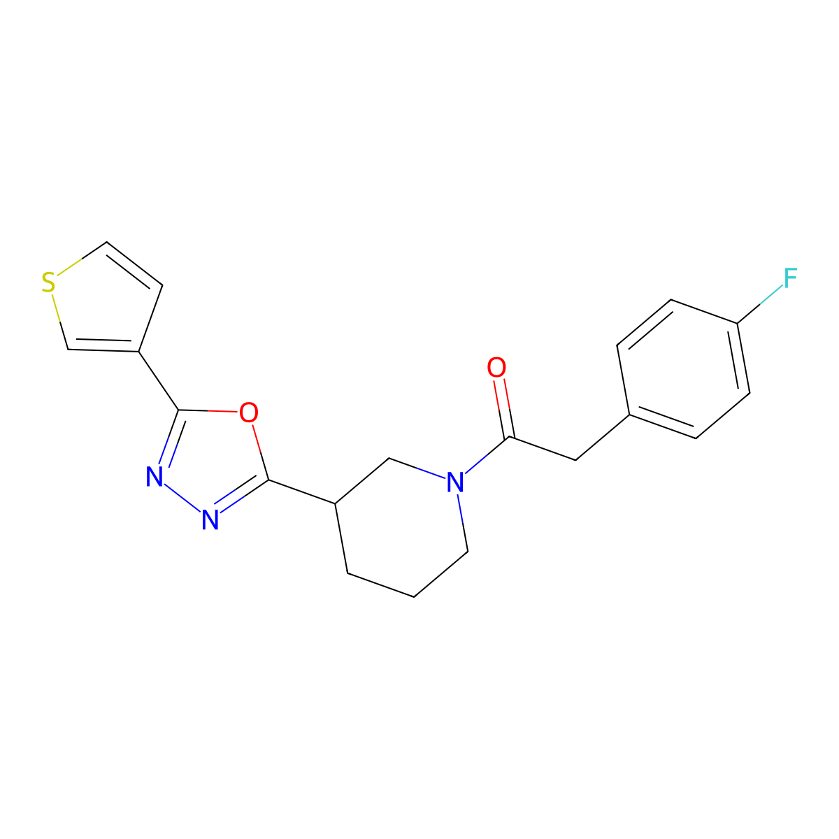 2-(4-Fluorophenyl)-1-(3-(5-(thiophen-3-yl)-1,3,4-oxadiazol-2-yl)piperidin-1-yl)ethanone molecular structure, CAS 1797579-43-1