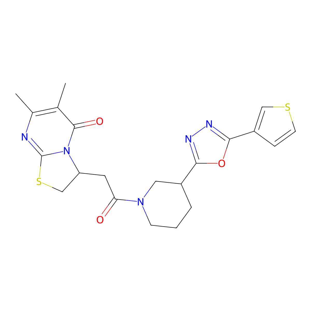 6,7-dimethyl-3-(2-oxo-2-(3-(5-(thiophen-3-yl)-1,3,4-oxadiazol-2-yl)piperidin-1-yl)ethyl)-2H-thiazolo[3,2-a]pyrimidin-5(3H)-one molecular structure, CAS 1797579-85-1