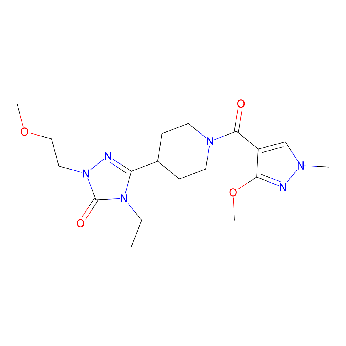 4-ethyl-3-(1-(3-methoxy-1-methyl-1H-pyrazole-4-carbonyl)piperidin-4-yl)-1-(2-methoxyethyl)-1H-1,2,4-triazol-5(4H)-one molecular structure, CAS 1797583-34-6