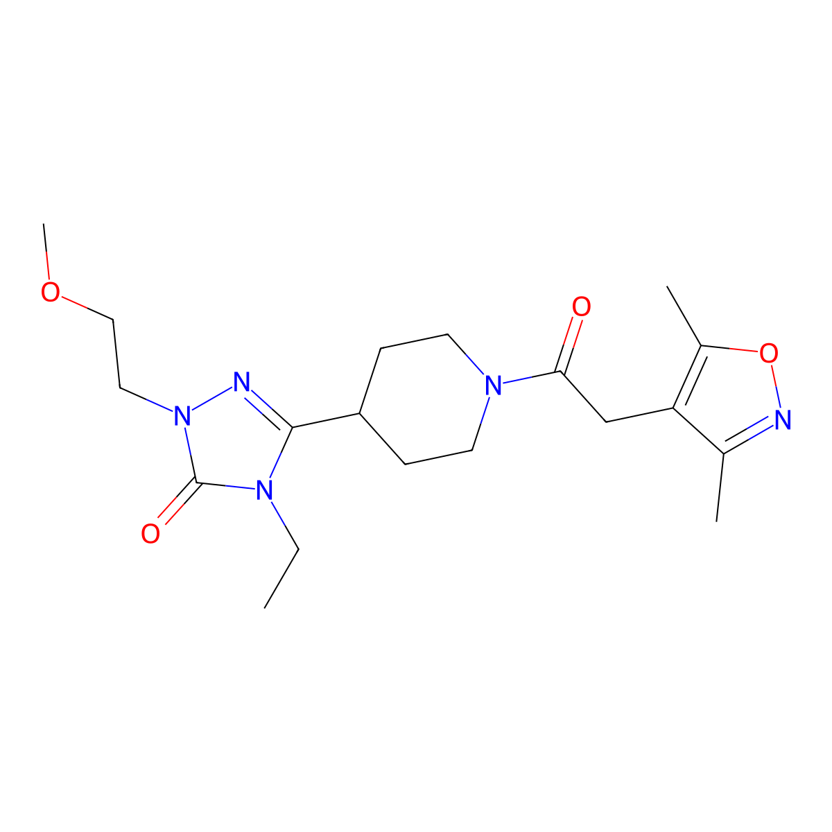 3-(1-(2-(3,5-dimethylisoxazol-4-yl)acetyl)piperidin-4-yl)-4-ethyl-1-(2-methoxyethyl)-1H-1,2,4-triazol-5(4H)-one molecular structure, CAS 1797583-48-2
