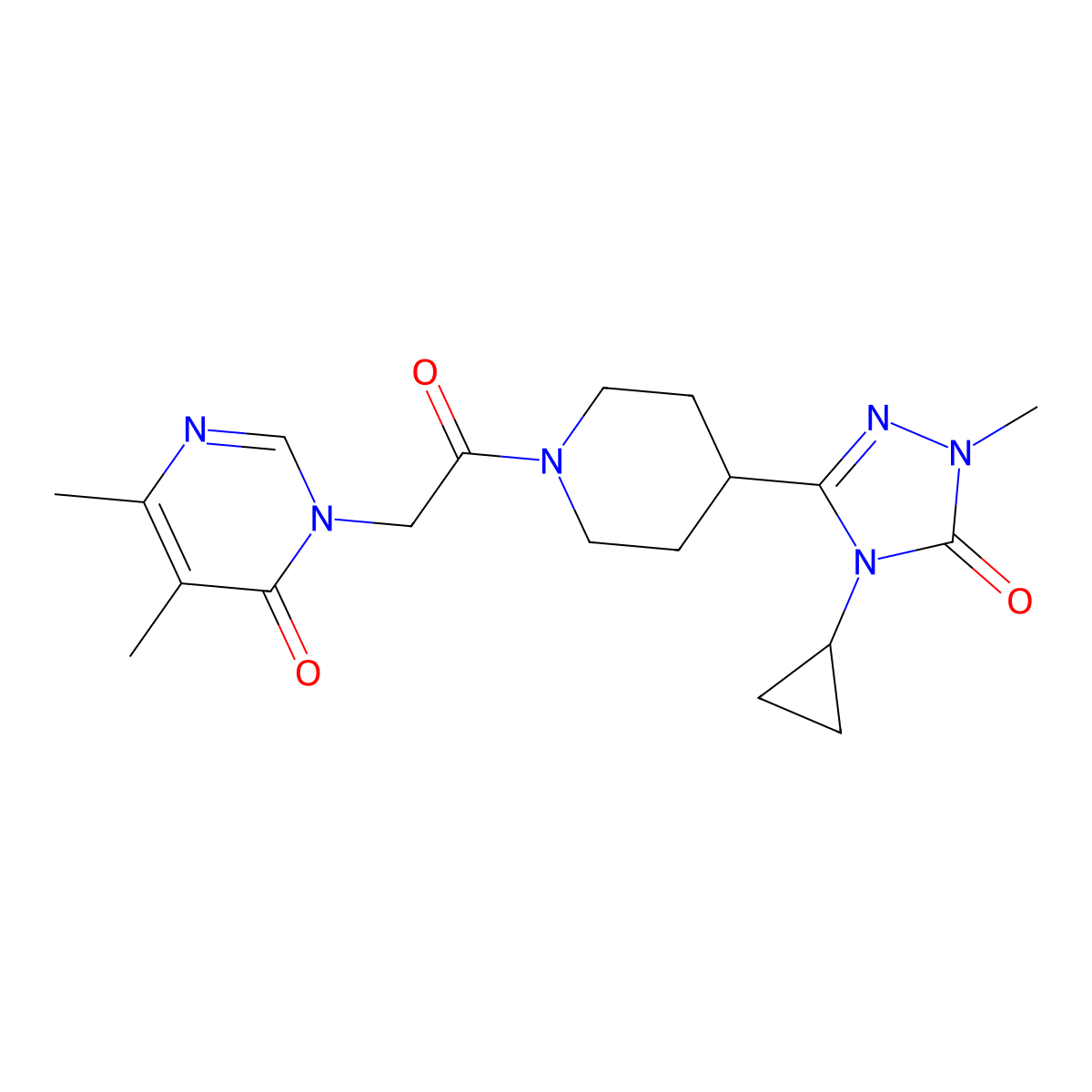 3-(2-(4-(4-cyclopropyl-1-methyl-5-oxo-4,5-dihydro-1H-1,2,4-triazol-3-yl)piperidin-1-yl)-2-oxoethyl)-5,6-dimethylpyrimidin-4(3H)-one molecular structure, CAS 1797584-35-0