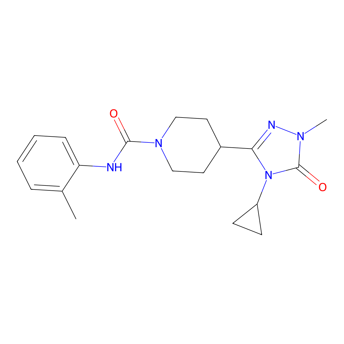 4-(4-cyclopropyl-1-methyl-5-oxo-4,5-dihydro-1H-1,2,4-triazol-3-yl)-N-(o-tolyl)piperidine-1-carboxamide molecular structure, CAS 1797584-41-8