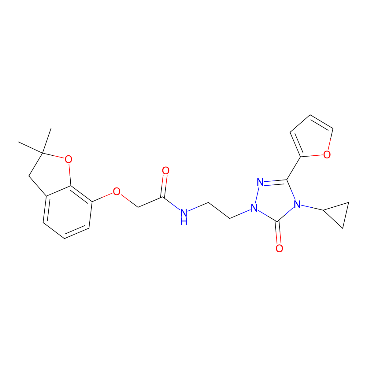 N-(2-(4-cyclopropyl-3-(furan-2-yl)-5-oxo-4,5-dihydro-1H-1,2,4-triazol-1-yl)ethyl)-2-((2,2-dimethyl-2,3-dihydrobenzofuran-7-yl)oxy)acetamide molecular structure, CAS 1797584-52-1