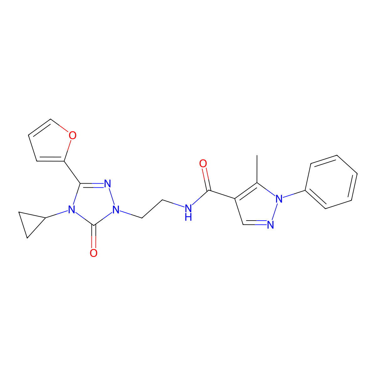 N-{2-[4-cyclopropyl-3-(furan-2-yl)-5-oxo-4,5-dihydro-1H-1,2,4-triazol-1-yl]ethyl}-5-methyl-1-phenyl-1H-pyrazole-4-carboxamide molecular structure, CAS 1797584-58-7