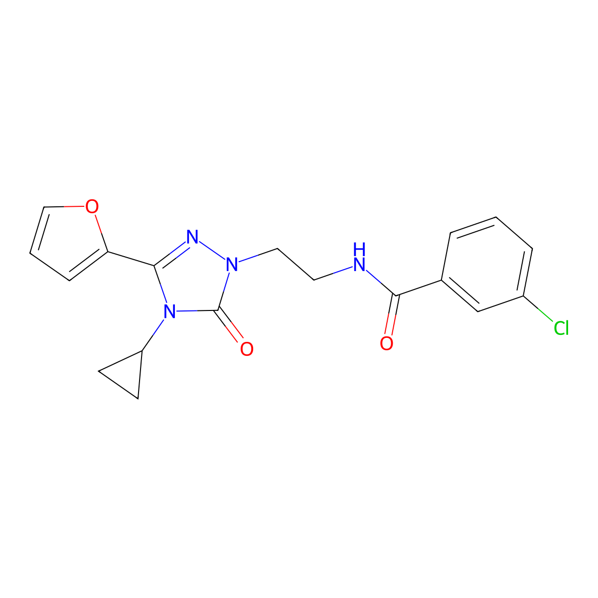 3-chloro-N-(2-(4-cyclopropyl-3-(furan-2-yl)-5-oxo-4,5-dihydro-1H-1,2,4-triazol-1-yl)ethyl)benzamide molecular structure, CAS 1797584-67-8