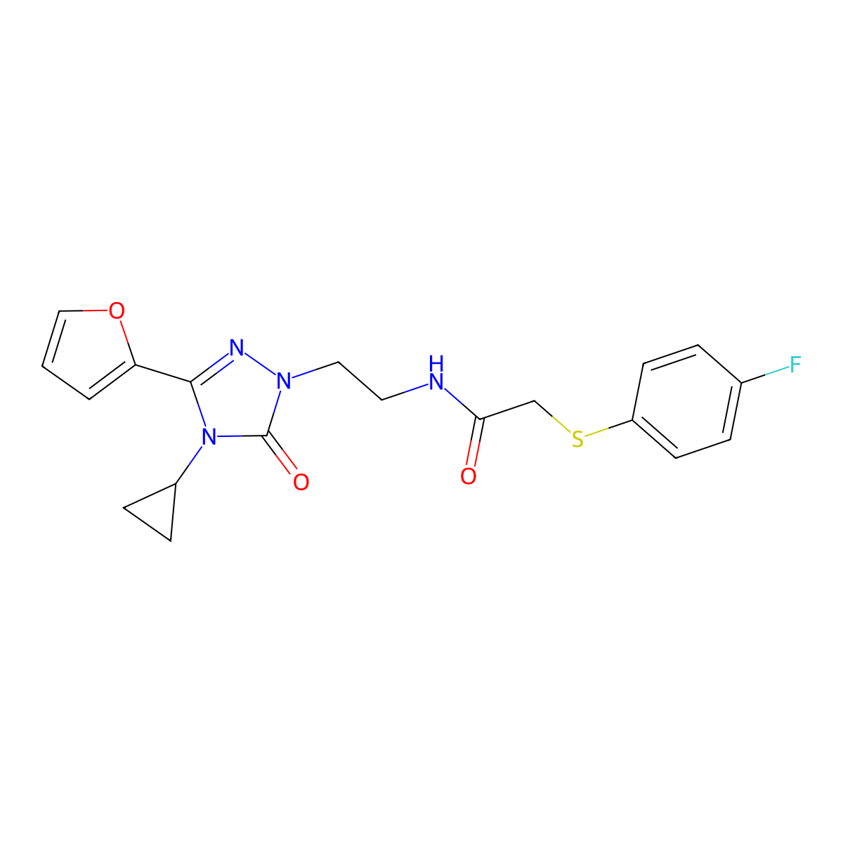 N-(2-(4-cyclopropyl-3-(furan-2-yl)-5-oxo-4,5-dihydro-1H-1,2,4-triazol-1-yl)ethyl)-2-((4-fluorophenyl)thio)acetamide molecular structure, CAS 1797584-81-6