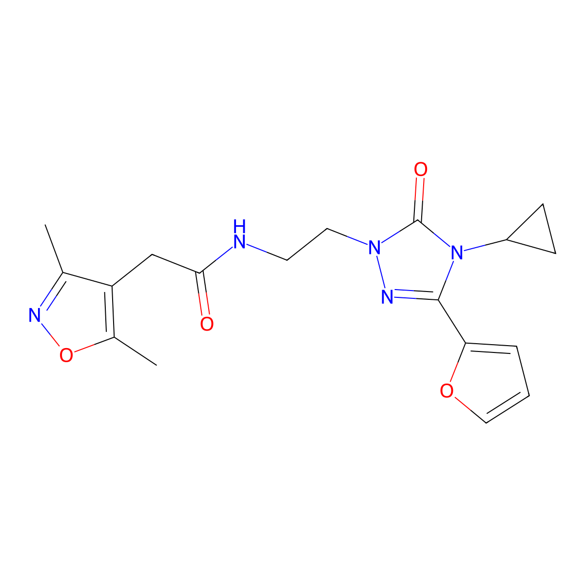 N-{2-[4-cyclopropyl-3-(furan-2-yl)-5-oxo-4,5-dihydro-1H-1,2,4-triazol-1-yl]ethyl}-2-(3,5-dimethyl-1,2-oxazol-4-yl)acetamide molecular structure, CAS 1797584-85-0