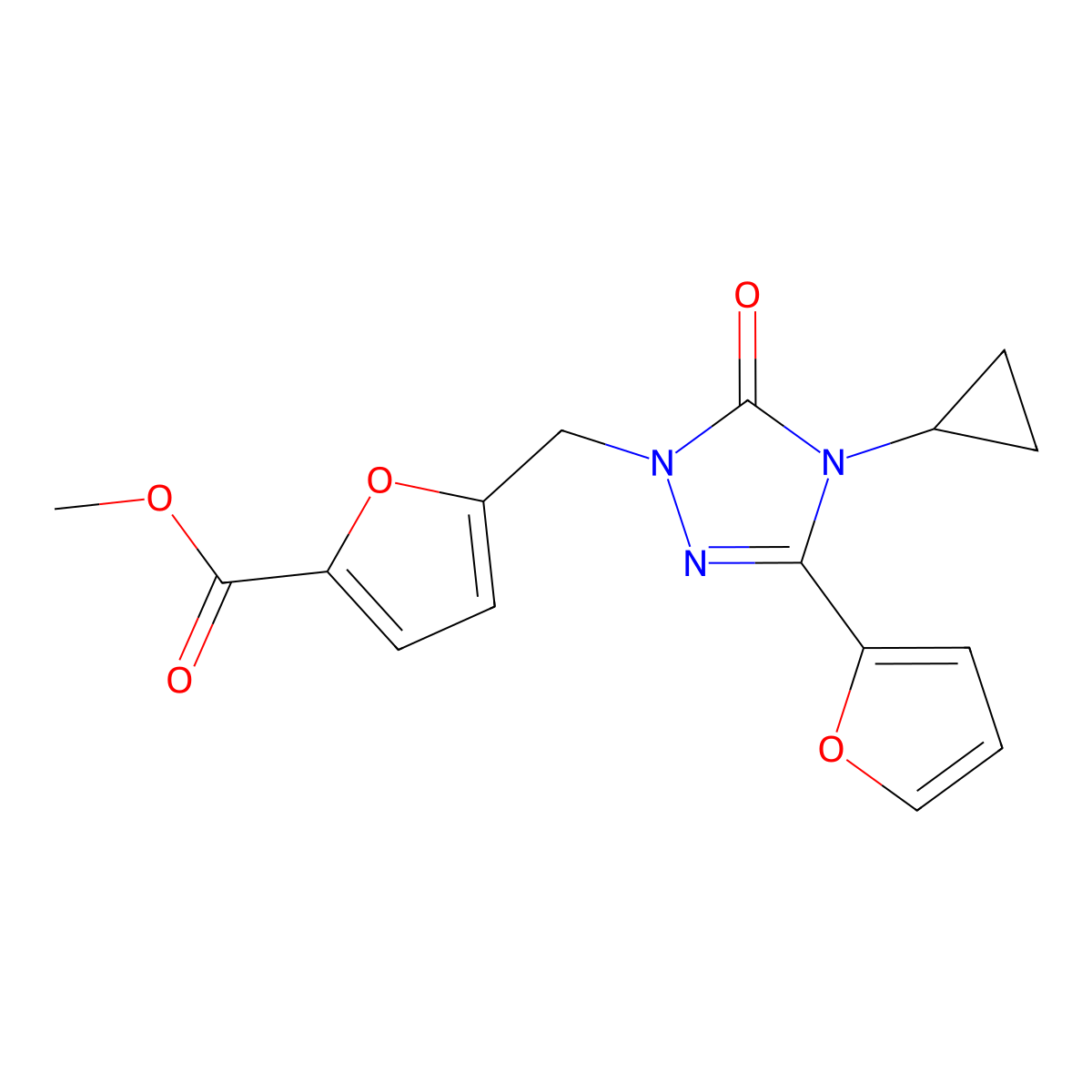 methyl 5-{[4-cyclopropyl-3-(furan-2-yl)-5-oxo-4,5-dihydro-1H-1,2,4-triazol-1-yl]methyl}furan-2-carboxylate molecular structure, CAS 1797585-61-5