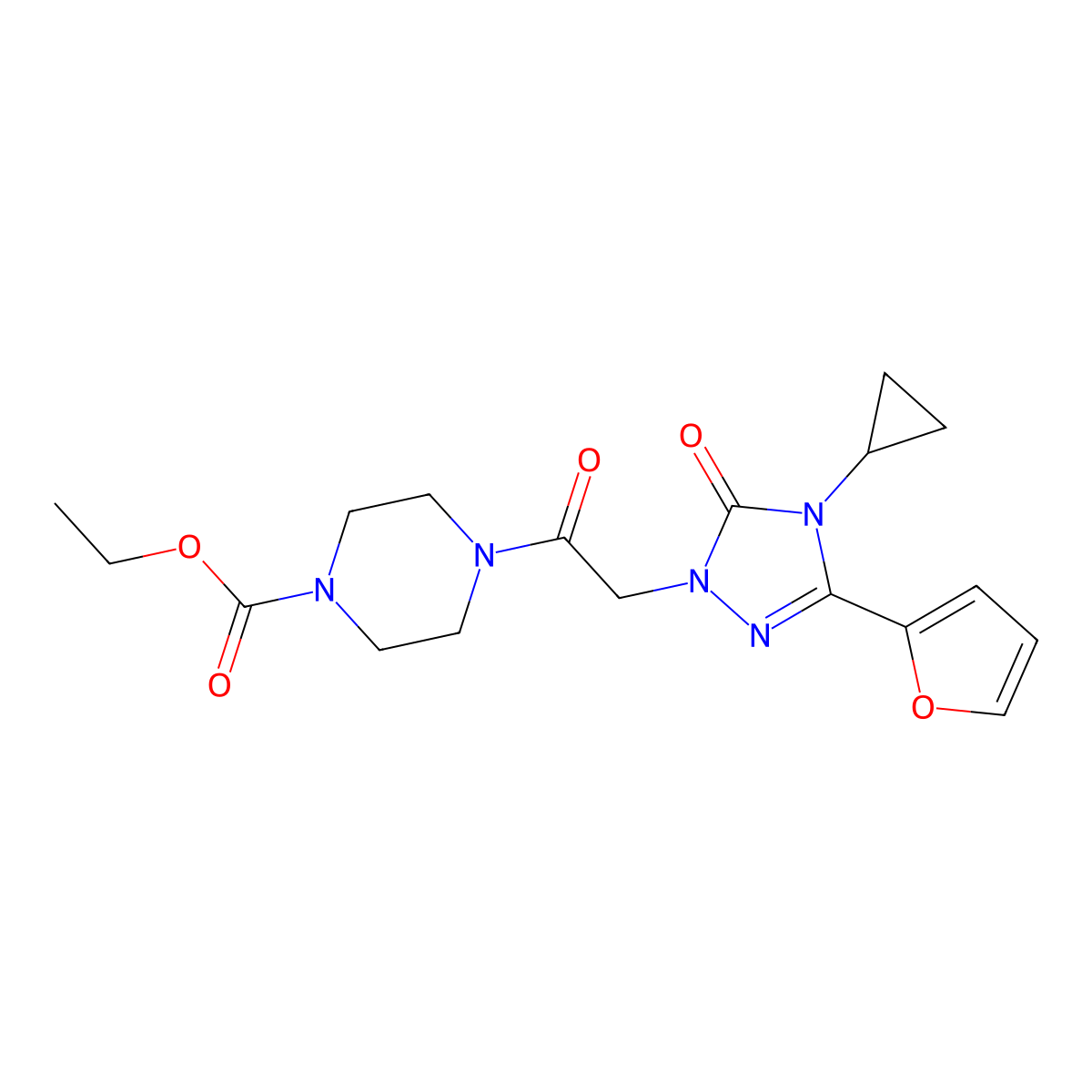 ethyl 4-{2-[4-cyclopropyl-3-(furan-2-yl)-5-oxo-4,5-dihydro-1H-1,2,4-triazol-1-yl]acetyl}piperazine-1-carboxylate molecular structure, CAS 1797585-77-3