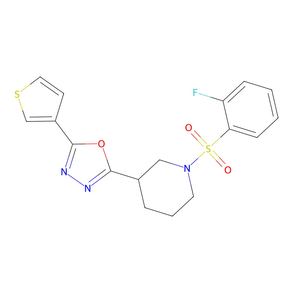 2-(1-((2-Fluorophenyl)sulfonyl)piperidin-3-yl)-5-(thiophen-3-yl)-1,3,4-oxadiazole molecular structure, CAS 1797585-93-3