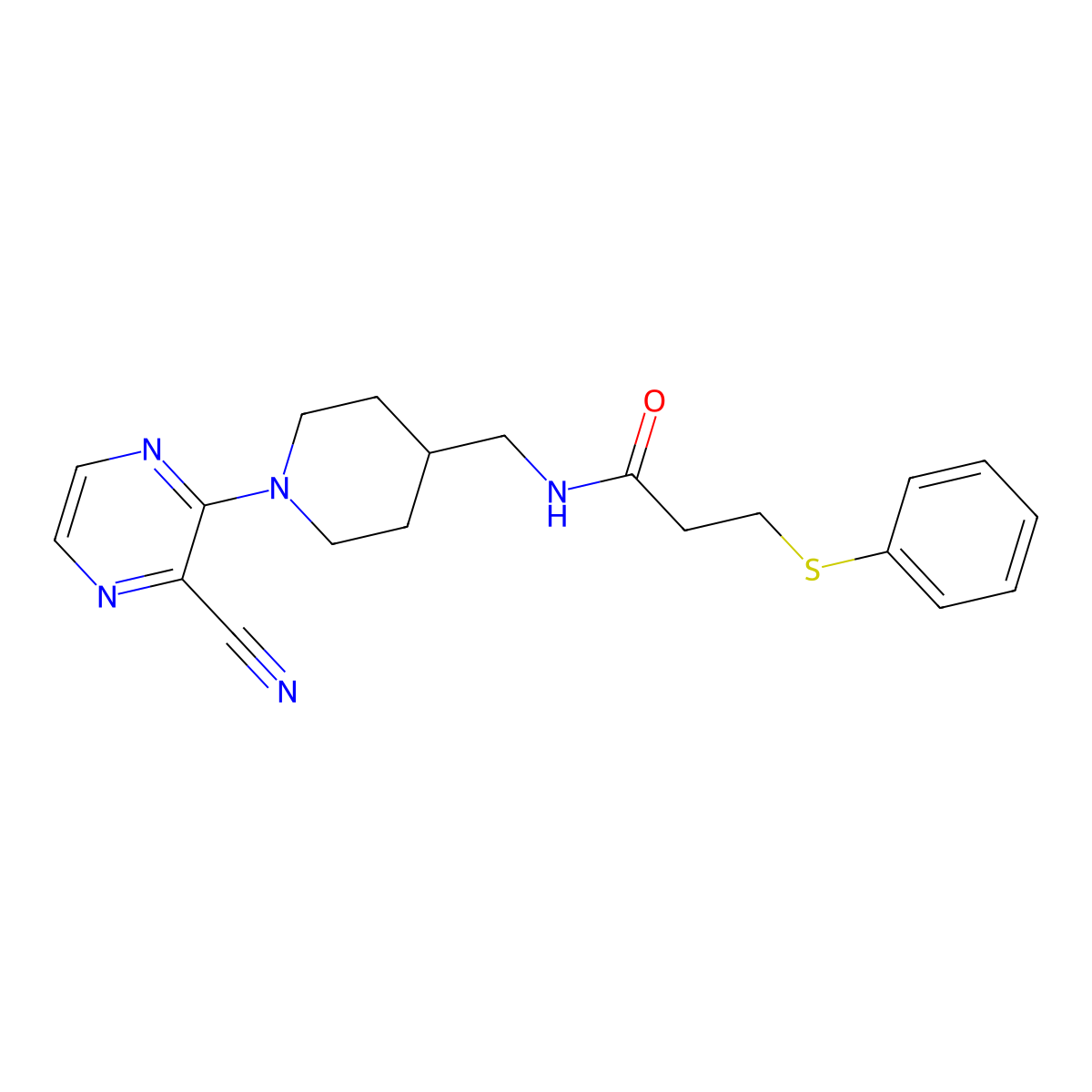 N-((1-(3-cyanopyrazin-2-yl)piperidin-4-yl)methyl)-3-(phenylthio)propanamide molecular structure, CAS 1797585-98-8