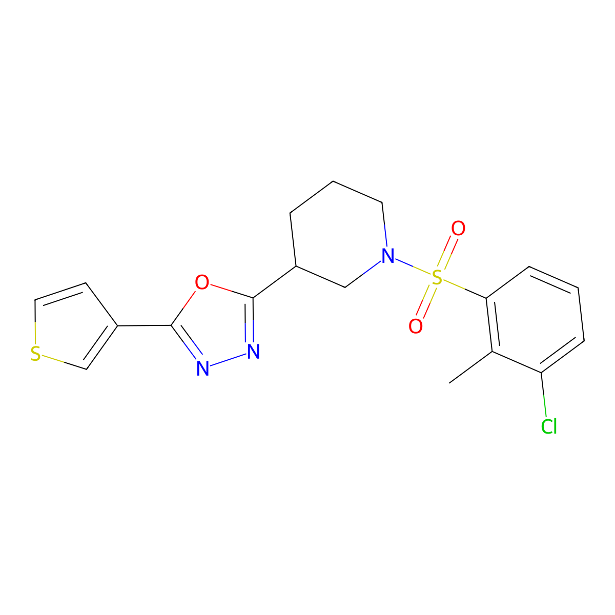 2-(1-((3-Chloro-2-methylphenyl)sulfonyl)piperidin-3-yl)-5-(thiophen-3-yl)-1,3,4-oxadiazole molecular structure, CAS 1797585-99-9