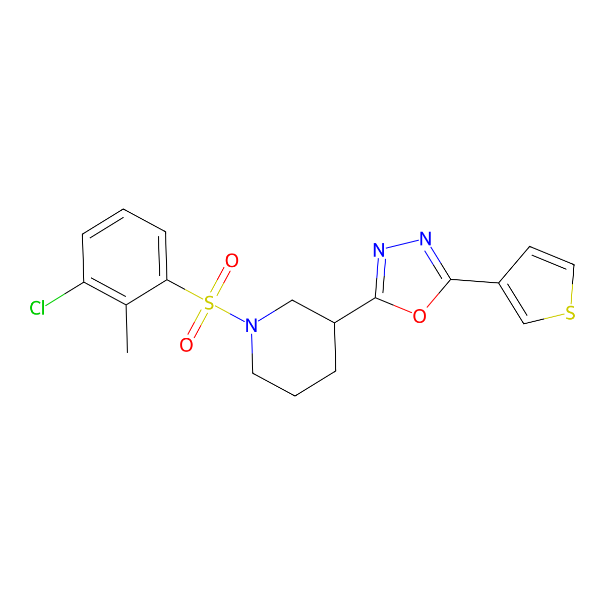 2-(1-((3-Chloro-2-methylphenyl)sulfonyl)piperidin-3-yl)-5-(thiophen-3-yl)-1,3,4-oxadiazole molecular structure, CAS 1797585-99-9