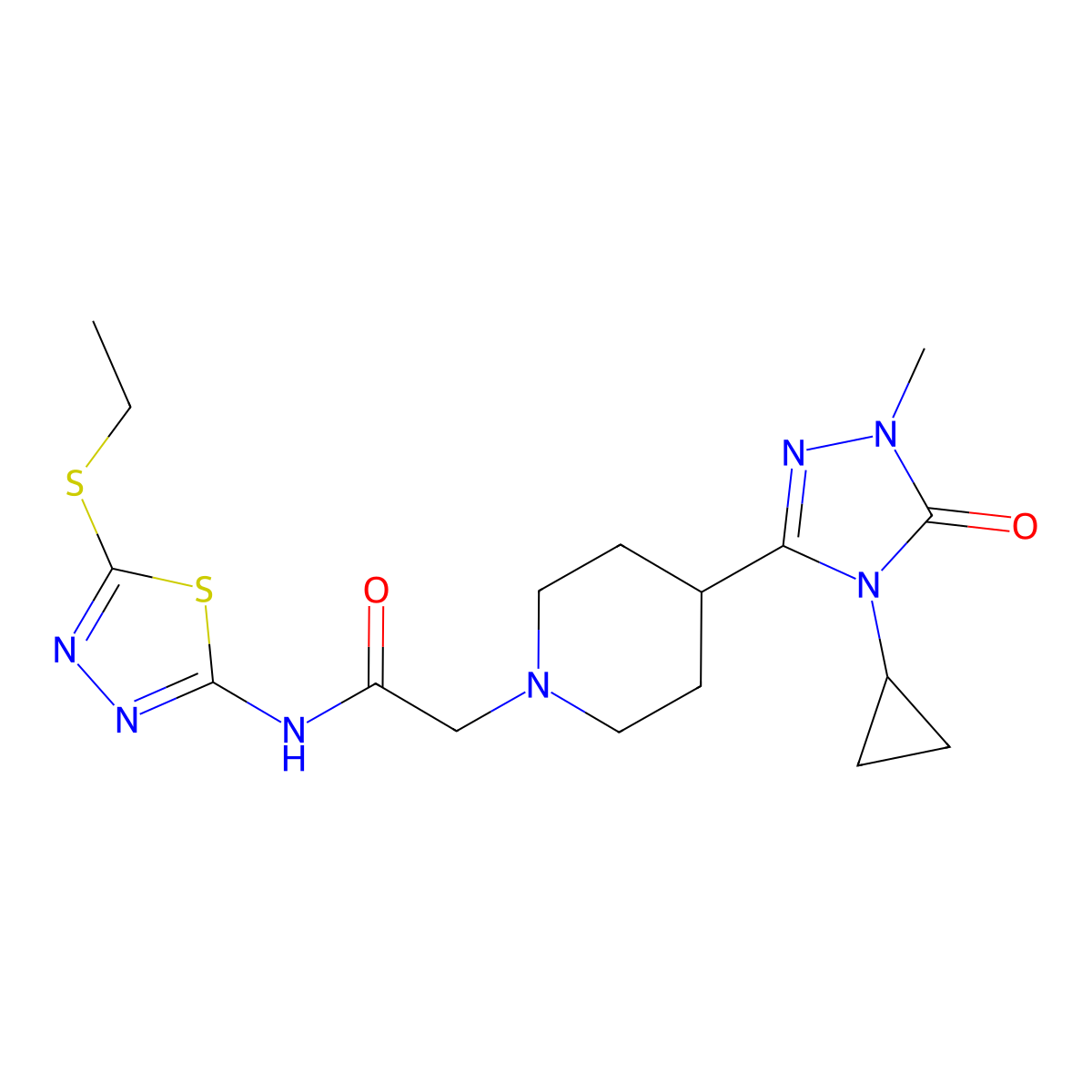 2-[4-(4-cyclopropyl-1-methyl-5-oxo-4,5-dihydro-1H-1,2,4-triazol-3-yl)piperidin-1-yl]-N-[5-(ethylsulfanyl)-1,3,4-thiadiazol-2-yl]acetamide molecular structure, CAS 1797586-44-7