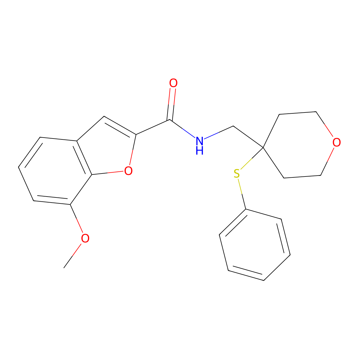 7-methoxy-N-((4-(phenylthio)tetrahydro-2H-pyran-4-yl)methyl)benzofuran-2-carboxamide molecular structure, CAS 1797586-58-3