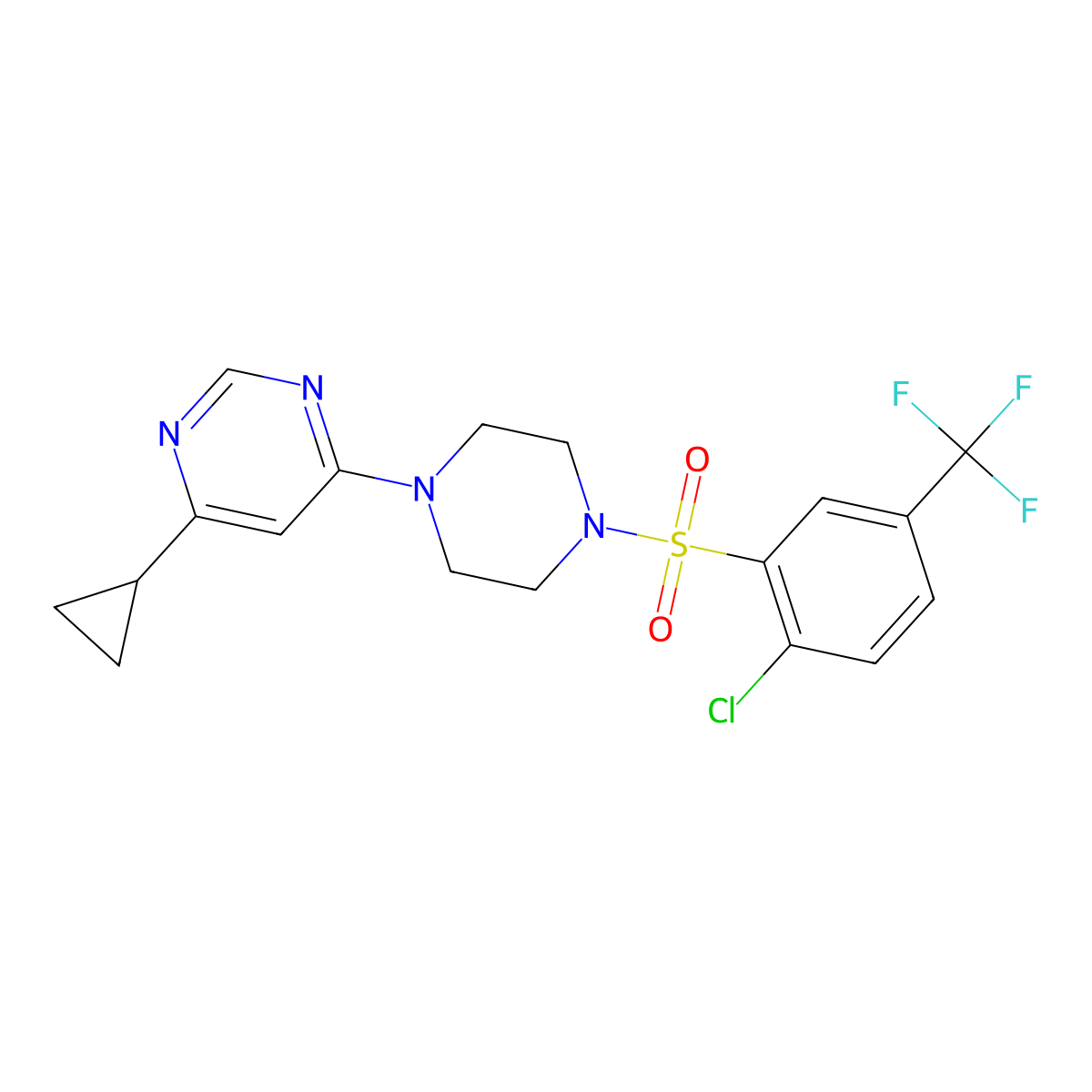 4-(4-((2-Chloro-5-(trifluoromethyl)phenyl)sulfonyl)piperazin-1-yl)-6-cyclopropylpyrimidine molecular structure, CAS 1797586-63-0