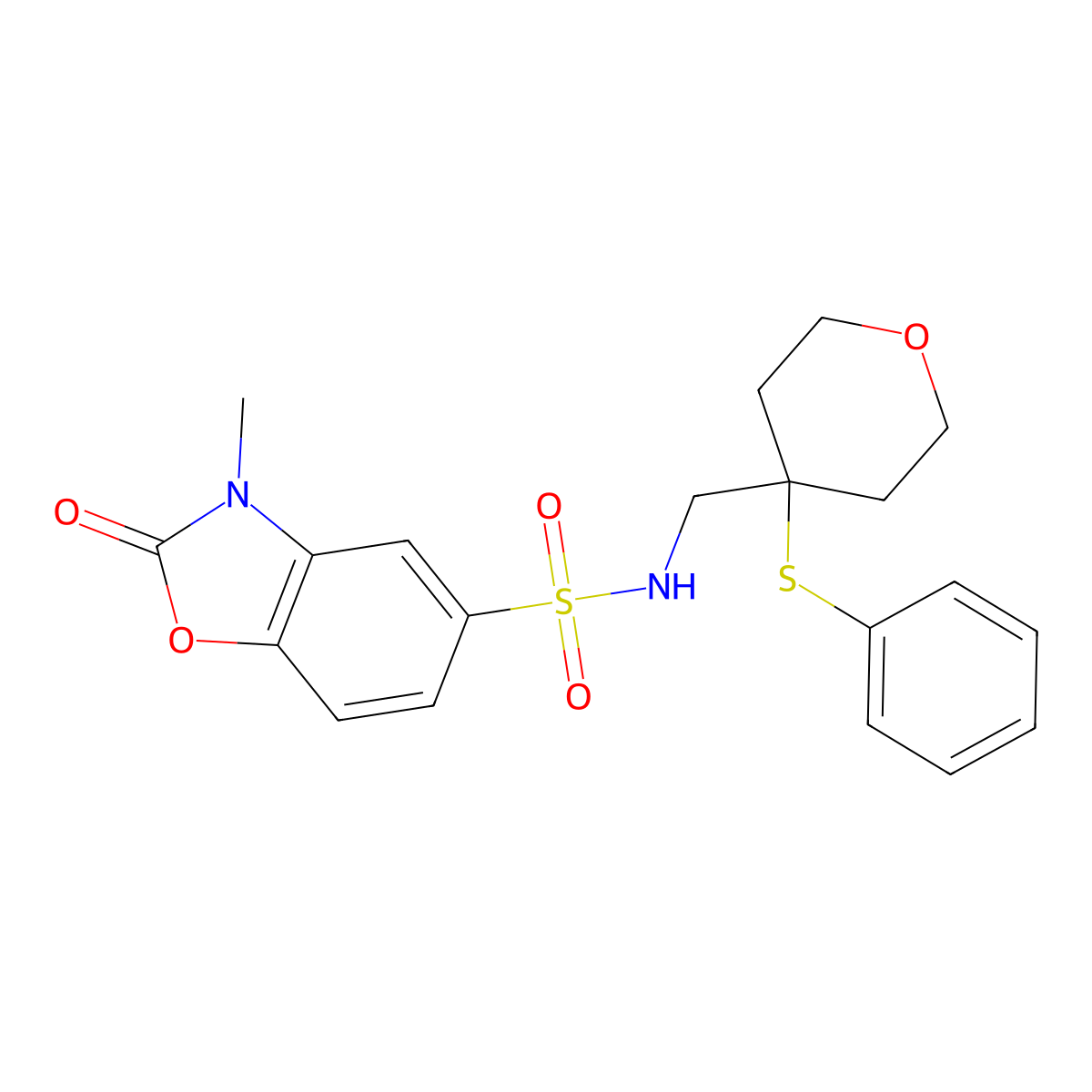 3-methyl-2-oxo-N-((4-(phenylthio)tetrahydro-2H-pyran-4-yl)methyl)-2,3-dihydrobenzo[d]oxazole-5-sulfonamide molecular structure, CAS 1797586-71-0