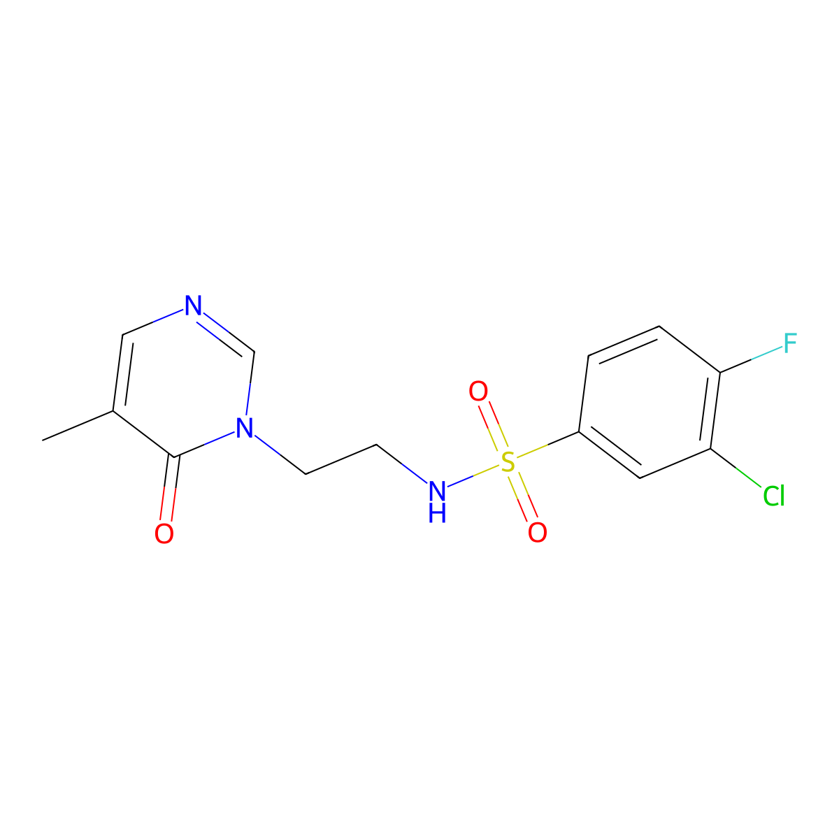 3-chloro-4-fluoro-N-(2-(5-methyl-6-oxopyrimidin-1(6H)-yl)ethyl)benzenesulfonamide molecular structure, CAS 1797586-98-1
