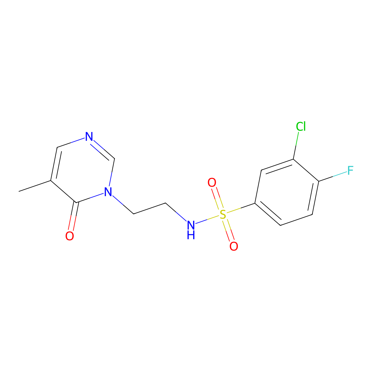 3-chloro-4-fluoro-N-(2-(5-methyl-6-oxopyrimidin-1(6H)-yl)ethyl)benzenesulfonamide molecular structure, CAS 1797586-98-1