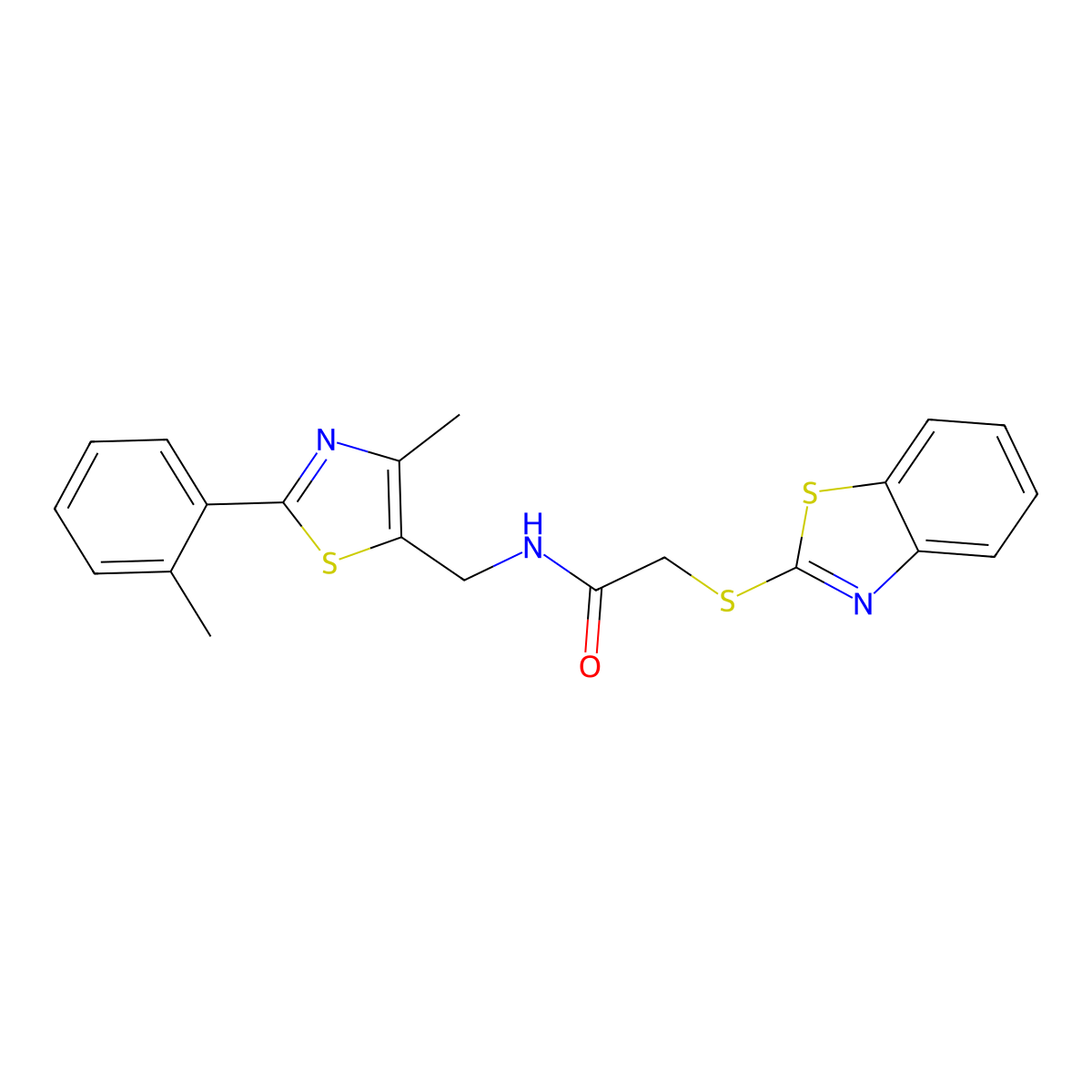 2-(benzo[d]thiazol-2-ylthio)-N-((4-methyl-2-(o-tolyl)thiazol-5-yl)methyl)acetamide molecular structure, CAS 1797587-11-1