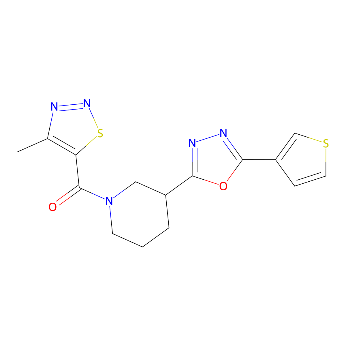 (4-Methyl-1,2,3-thiadiazol-5-yl)(3-(5-(thiophen-3-yl)-1,3,4-oxadiazol-2-yl)piperidin-1-yl)methanone molecular structure, CAS 1797587-28-0