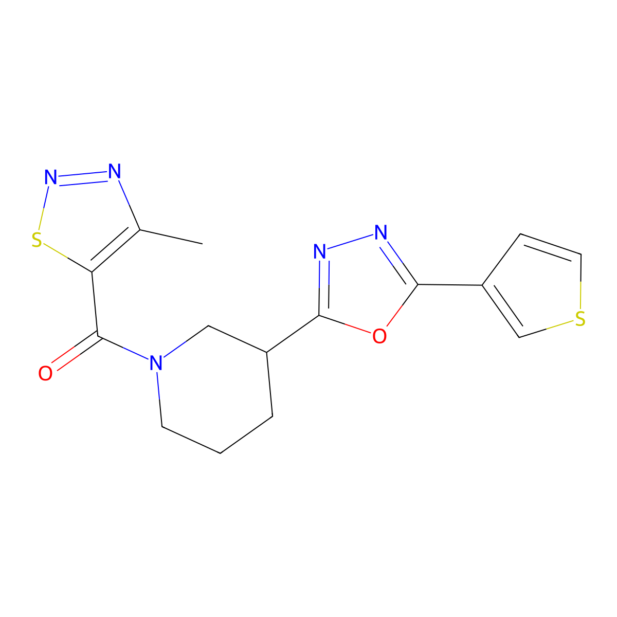 (4-Methyl-1,2,3-thiadiazol-5-yl)(3-(5-(thiophen-3-yl)-1,3,4-oxadiazol-2-yl)piperidin-1-yl)methanone molecular structure, CAS 1797587-28-0