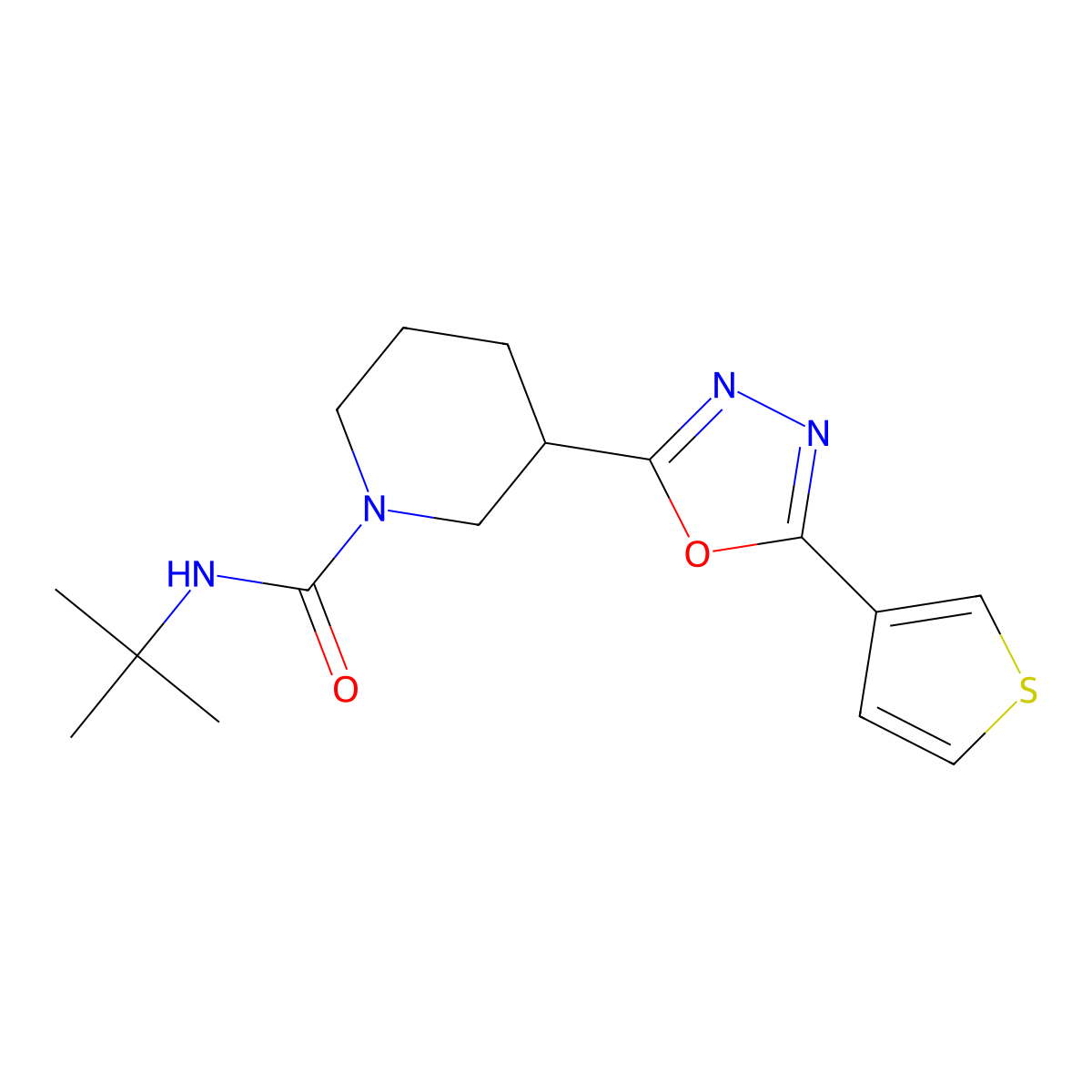 N-(tert-butyl)-3-(5-(thiophen-3-yl)-1,3,4-oxadiazol-2-yl)piperidine-1-carboxamide molecular structure, CAS 1797587-44-0