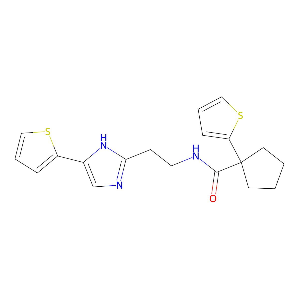 1-(thiophen-2-yl)-N-(2-(4-(thiophen-2-yl)-1H-imidazol-2-yl)ethyl)cyclopentanecarboxamide molecular structure, CAS 1797587-90-6