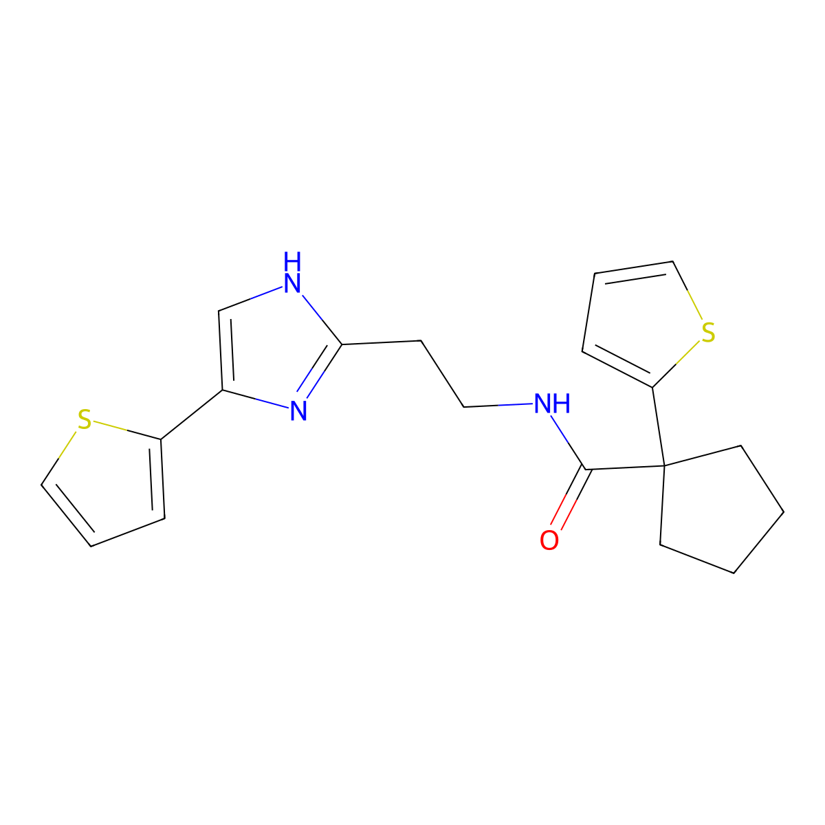 1-(thiophen-2-yl)-N-(2-(4-(thiophen-2-yl)-1H-imidazol-2-yl)ethyl)cyclopentanecarboxamide molecular structure, CAS 1797587-90-6