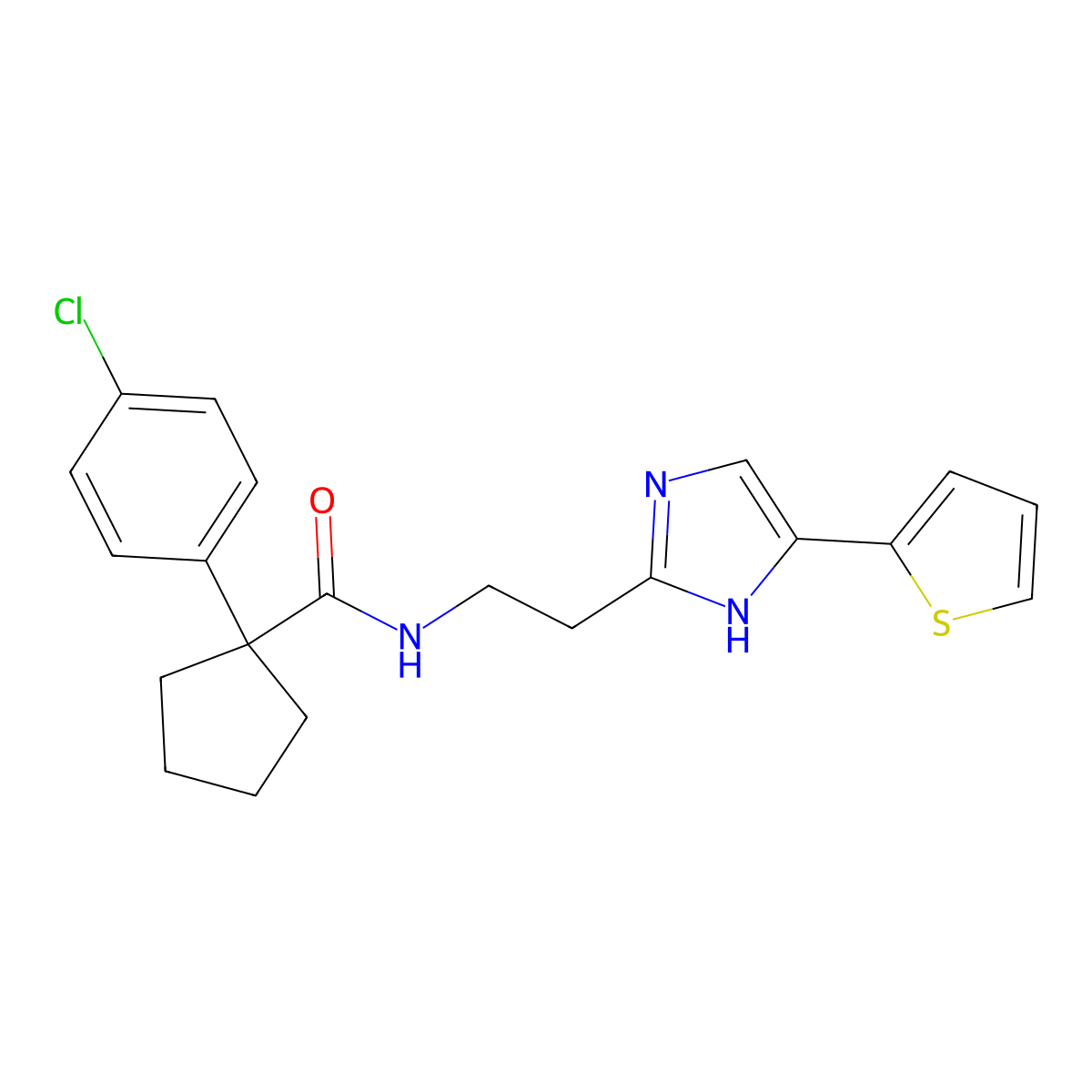 1-(4-chlorophenyl)-N-(2-(4-(thiophen-2-yl)-1H-imidazol-2-yl)ethyl)cyclopentanecarboxamide molecular structure, CAS 1797587-93-9