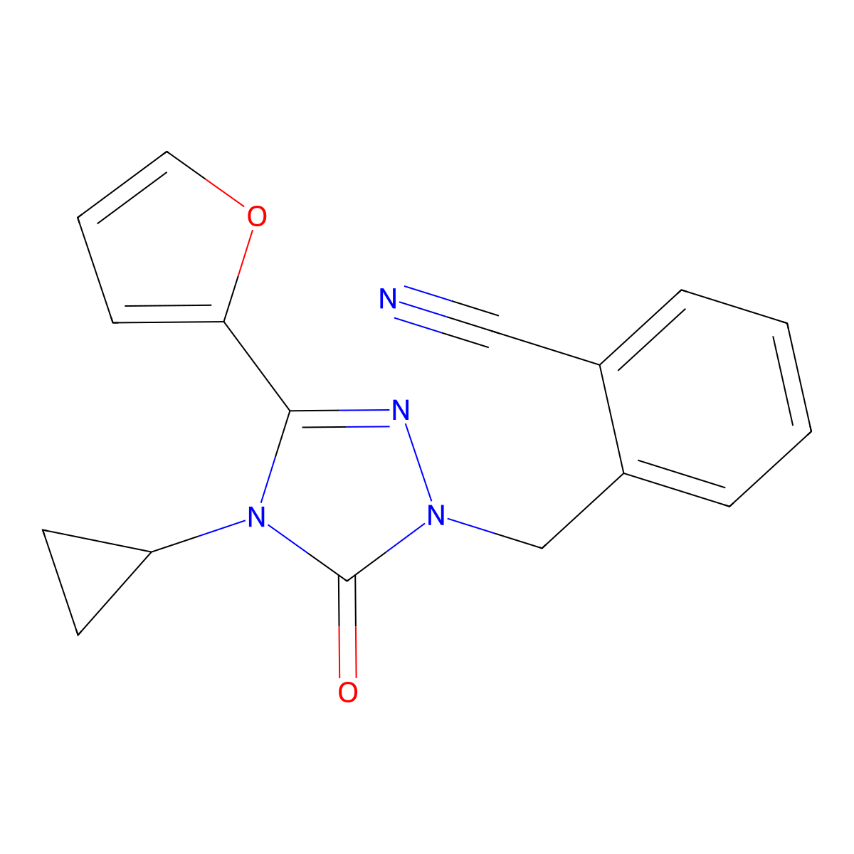 2-((4-cyclopropyl-3-(furan-2-yl)-5-oxo-4,5-dihydro-1H-1,2,4-triazol-1-yl)methyl)benzonitrile molecular structure, CAS 1797588-36-3