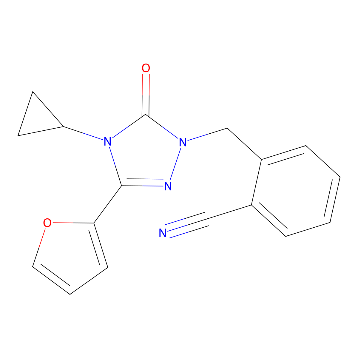 2-((4-cyclopropyl-3-(furan-2-yl)-5-oxo-4,5-dihydro-1H-1,2,4-triazol-1-yl)methyl)benzonitrile molecular structure, CAS 1797588-36-3