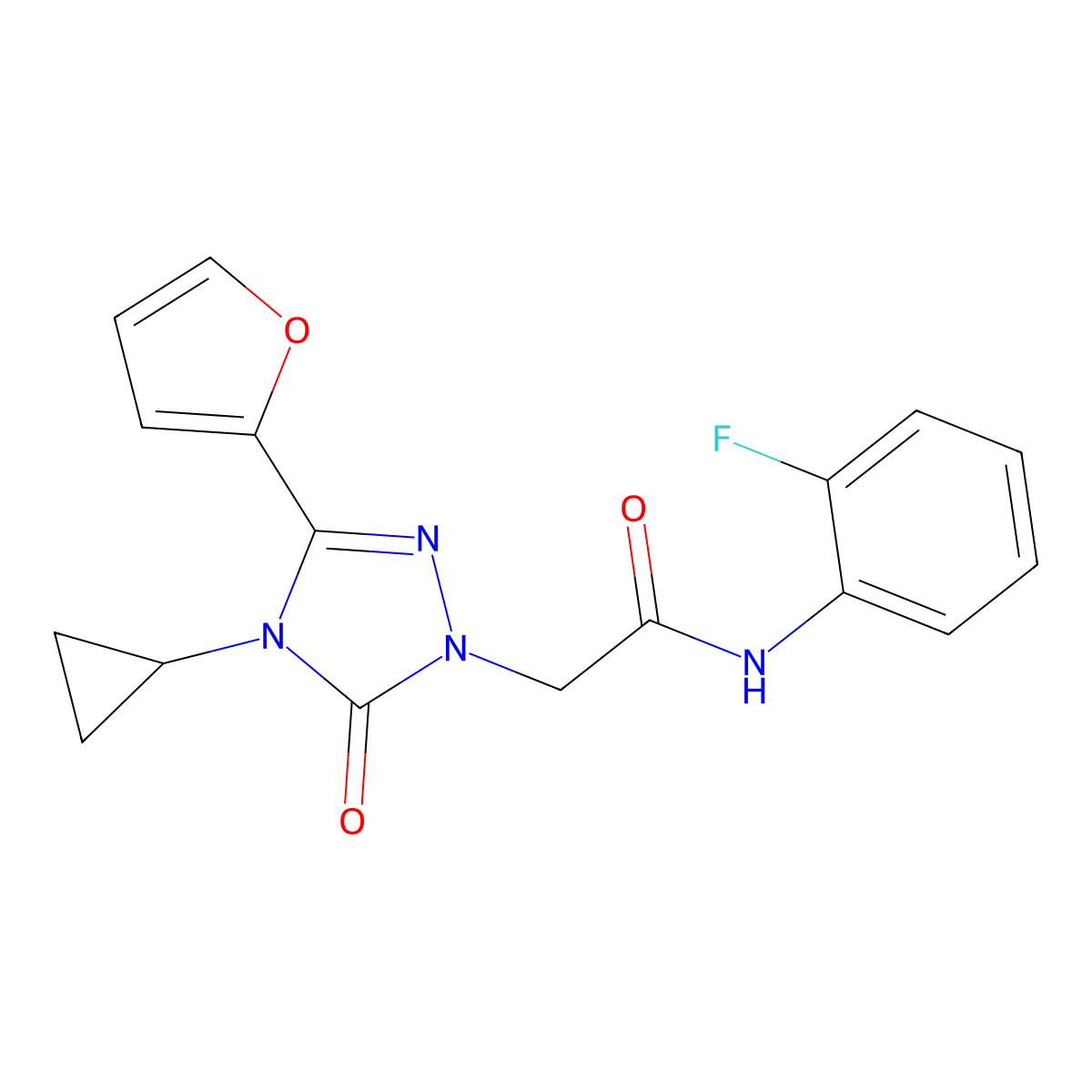 2-(4-cyclopropyl-3-(furan-2-yl)-5-oxo-4,5-dihydro-1H-1,2,4-triazol-1-yl)-N-(2-fluorophenyl)acetamide molecular structure, CAS 1797588-54-5