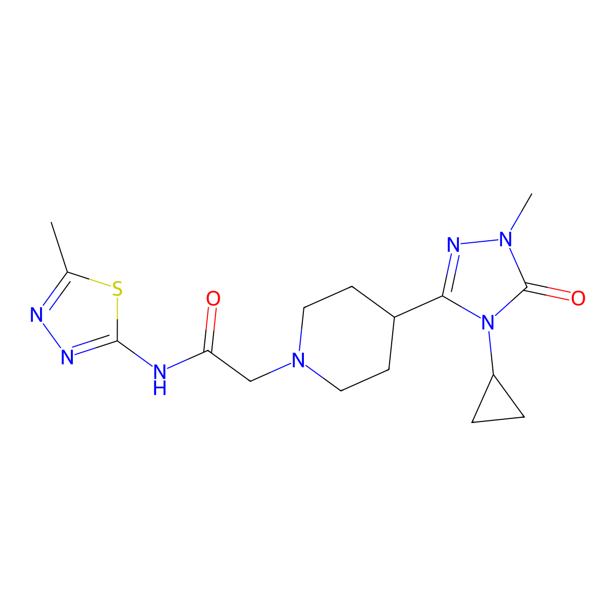 2-[4-(4-cyclopropyl-1-methyl-5-oxo-4,5-dihydro-1H-1,2,4-triazol-3-yl)piperidin-1-yl]-N-(5-methyl-1,3,4-thiadiazol-2-yl)acetamide molecular structure, CAS 1797589-01-5