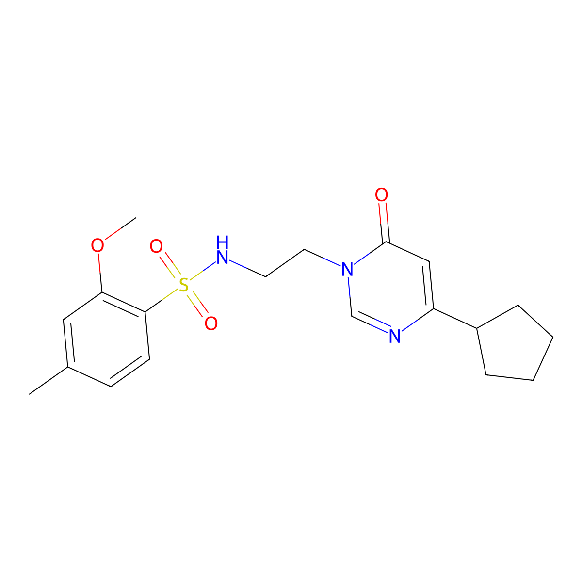 N-(2-(4-cyclopentyl-6-oxopyrimidin-1(6H)-yl)ethyl)-2-methoxy-4-methylbenzenesulfonamide molecular structure, CAS 1797589-11-7