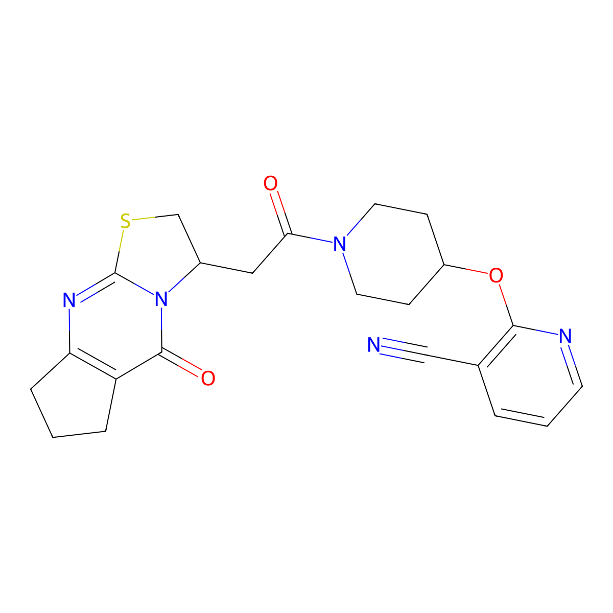 2-((1-(2-(5-Oxo-2,3,5,6,7,8-hexahydrocyclopenta[d]thiazolo[3,2-a]pyrimidin-3-yl)acetyl)piperidin-4-yl)oxy)nicotinonitrile molecular structure, CAS 1797589-80-0