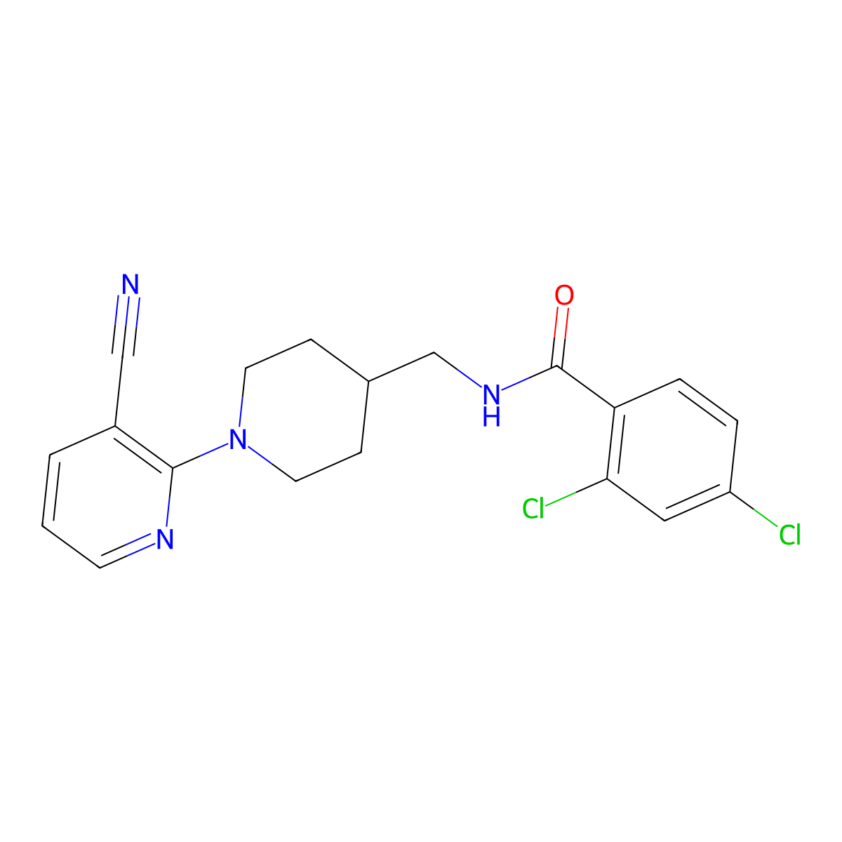2,4-dichloro-N-((1-(3-cyanopyridin-2-yl)piperidin-4-yl)methyl)benzamide molecular structure, CAS 1797592-10-9