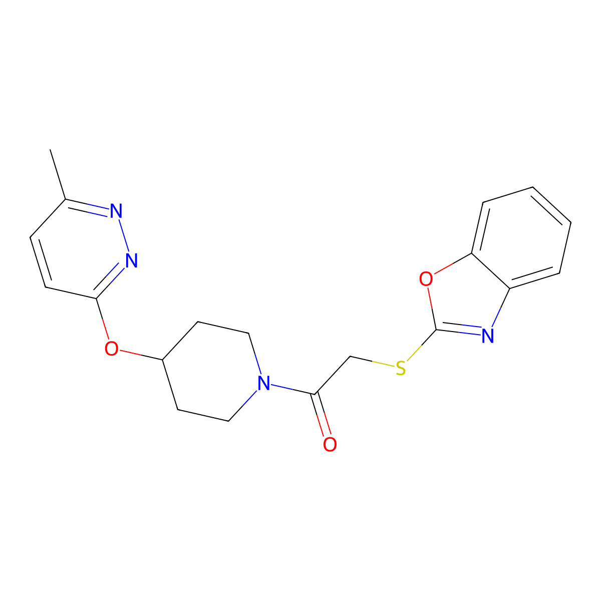 2-(Benzo[d]oxazol-2-ylthio)-1-(4-((6-methylpyridazin-3-yl)oxy)piperidin-1-yl)ethanone molecular structure, CAS 1797592-63-2