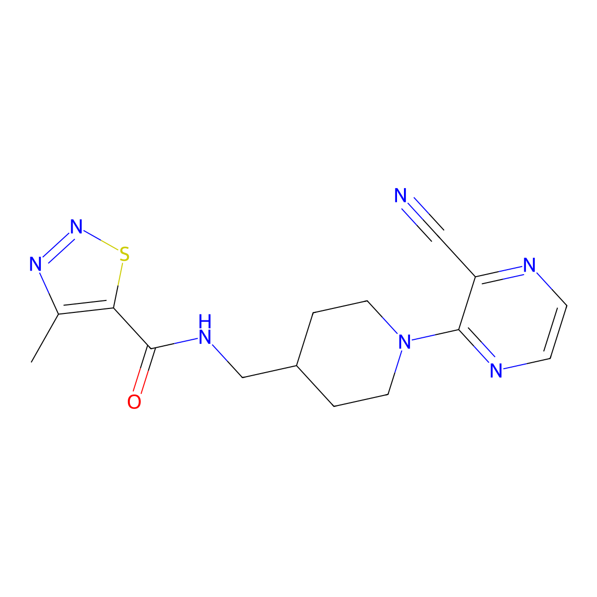 N-((1-(3-cyanopyrazin-2-yl)piperidin-4-yl)methyl)-4-methyl-1,2,3-thiadiazole-5-carboxamide molecular structure, CAS 1797593-18-0