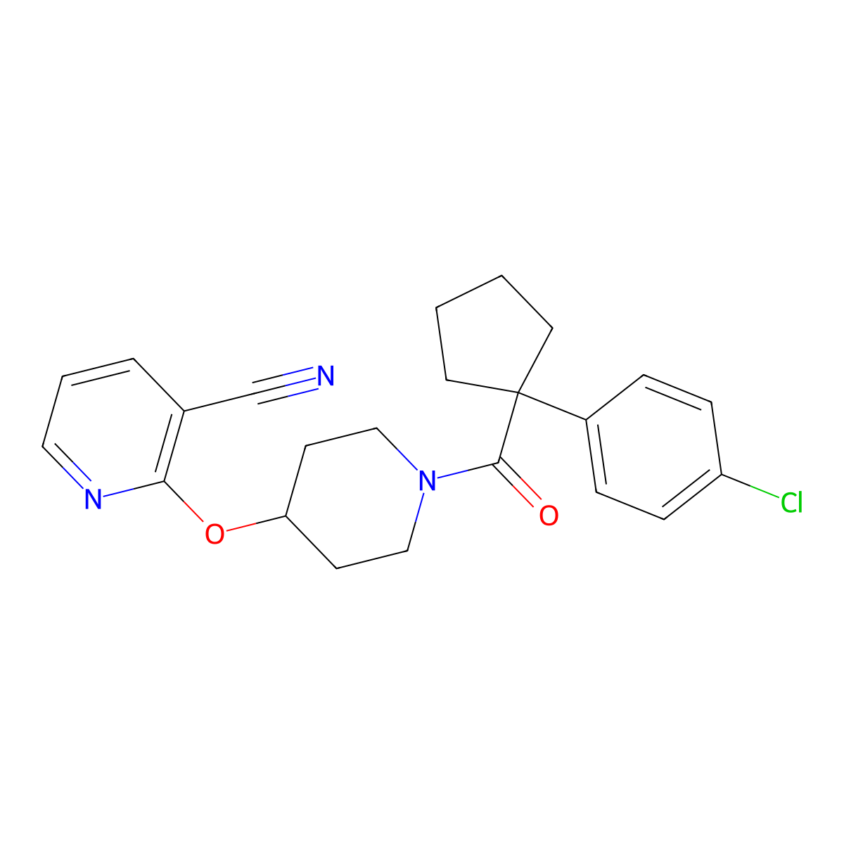 2-((1-(1-(4-Chlorophenyl)cyclopentanecarbonyl)piperidin-4-yl)oxy)nicotinonitrile molecular structure, CAS 1797596-63-4