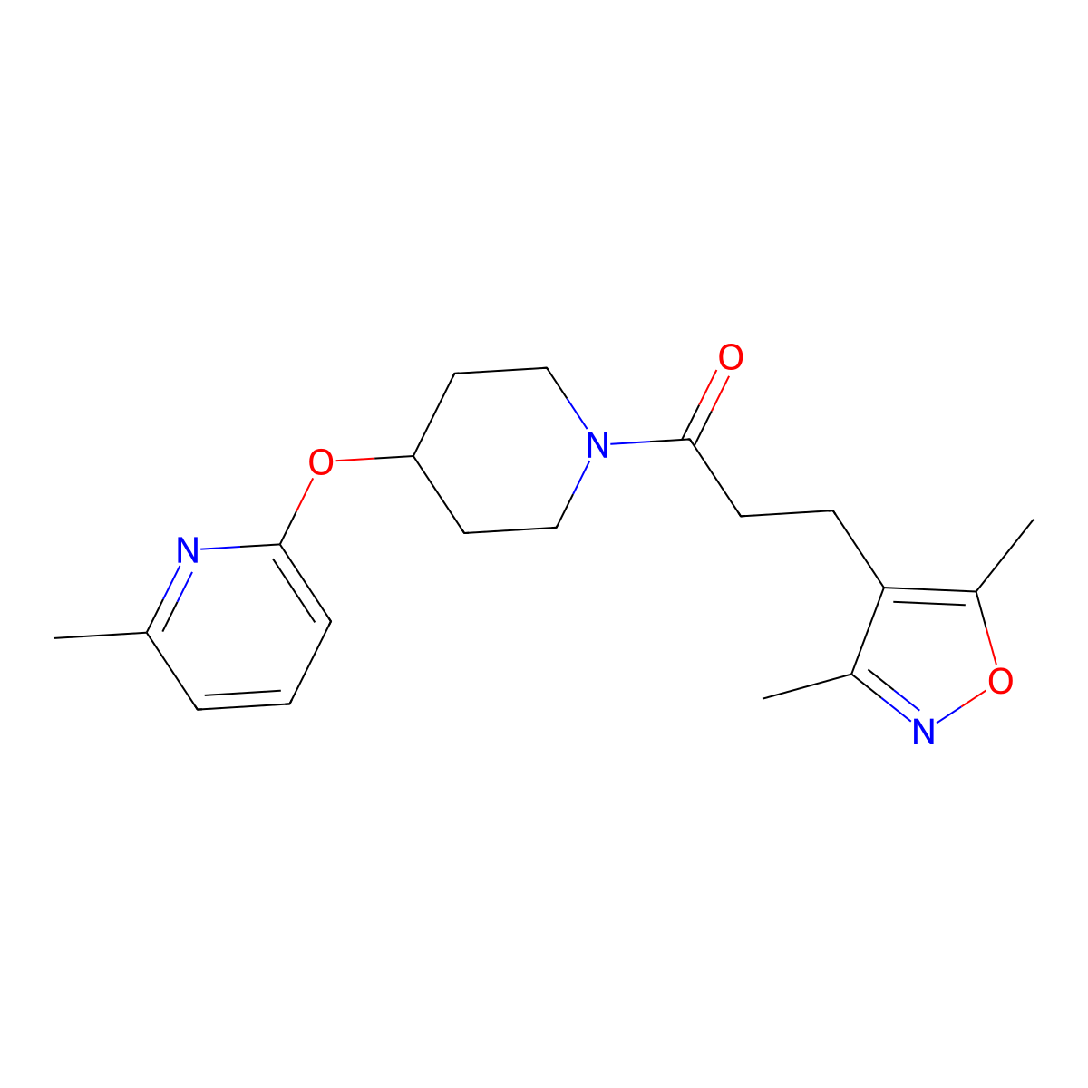3-(3,5-Dimethylisoxazol-4-yl)-1-(4-((6-methylpyridin-2-yl)oxy)piperidin-1-yl)propan-1-one molecular structure, CAS 1797596-78-1