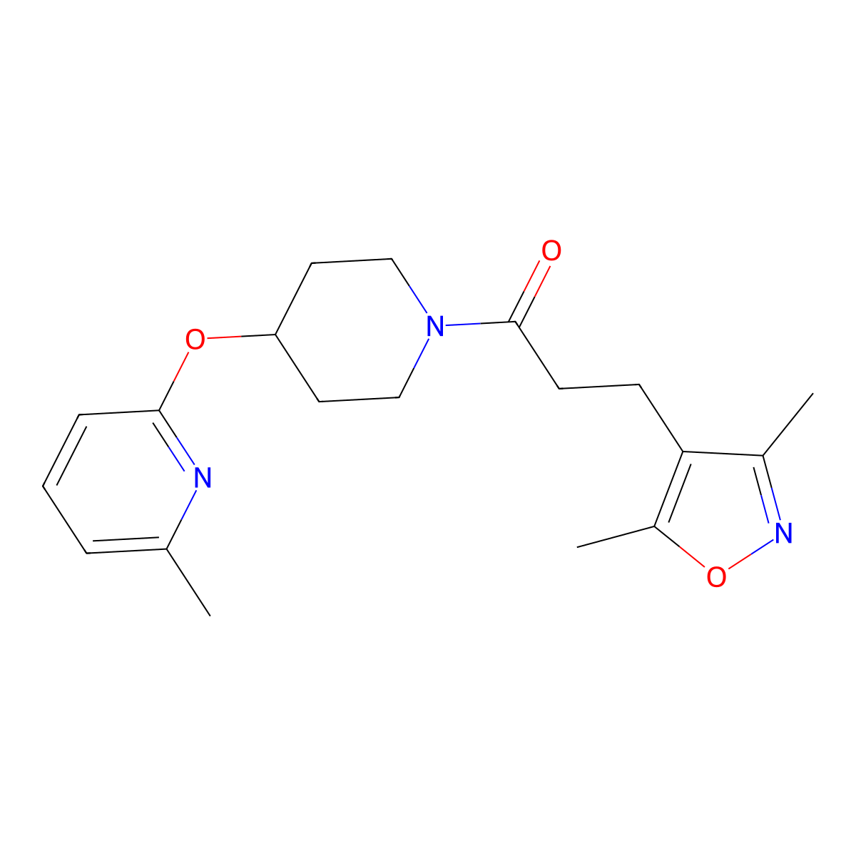 3-(3,5-Dimethylisoxazol-4-yl)-1-(4-((6-methylpyridin-2-yl)oxy)piperidin-1-yl)propan-1-one molecular structure, CAS 1797596-78-1